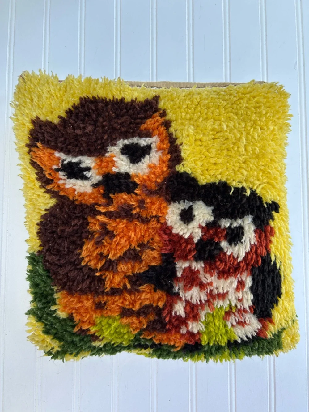 Vintage Pillow Handmade Yellow Owl Latch Hook Cottagecore Throw 12x12